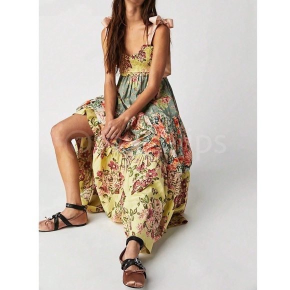 Floral Boho Maxi Flared Dress Shoulder Ties Smocked Shirred Bodice - Picture 5 of 12